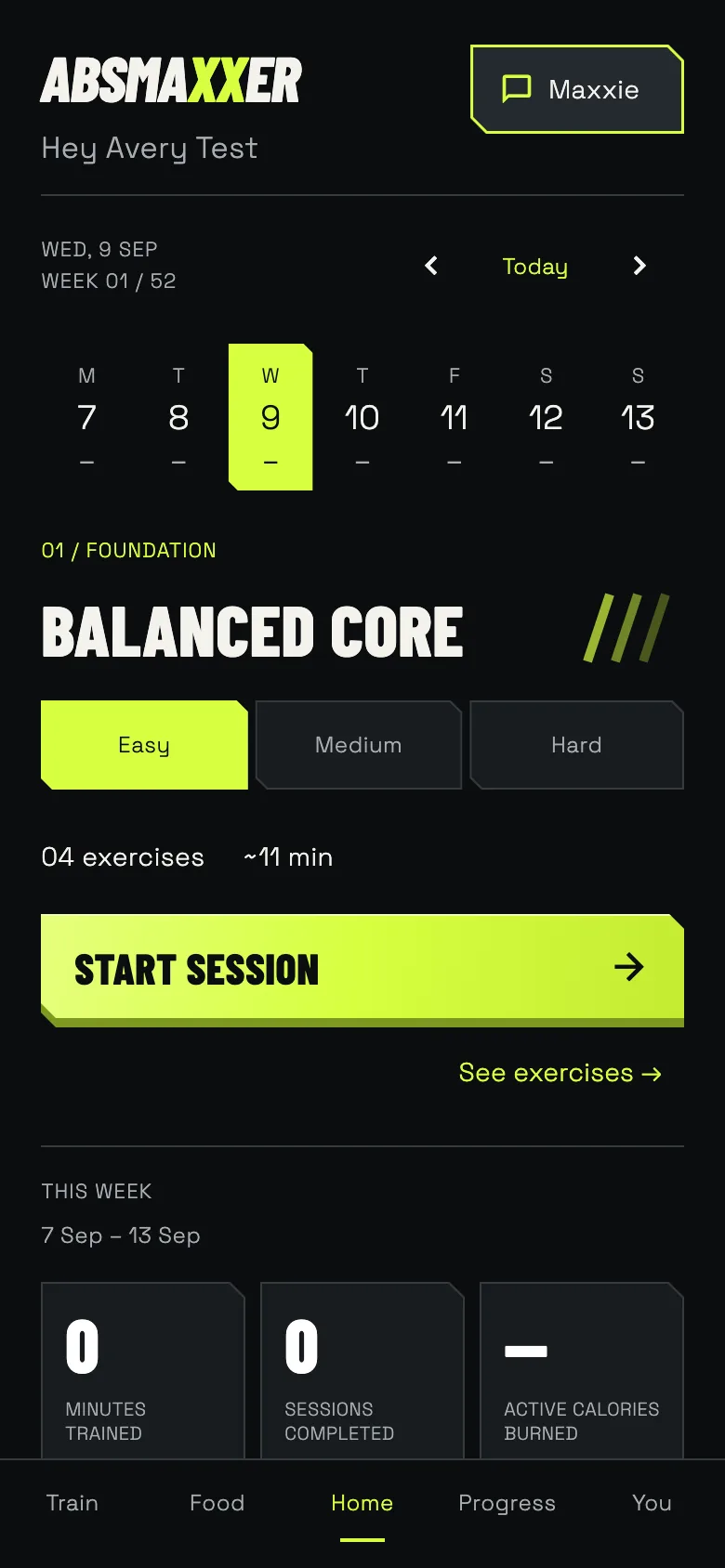 absmaxxer development app home showing a sample weekly training schedule and a guided session